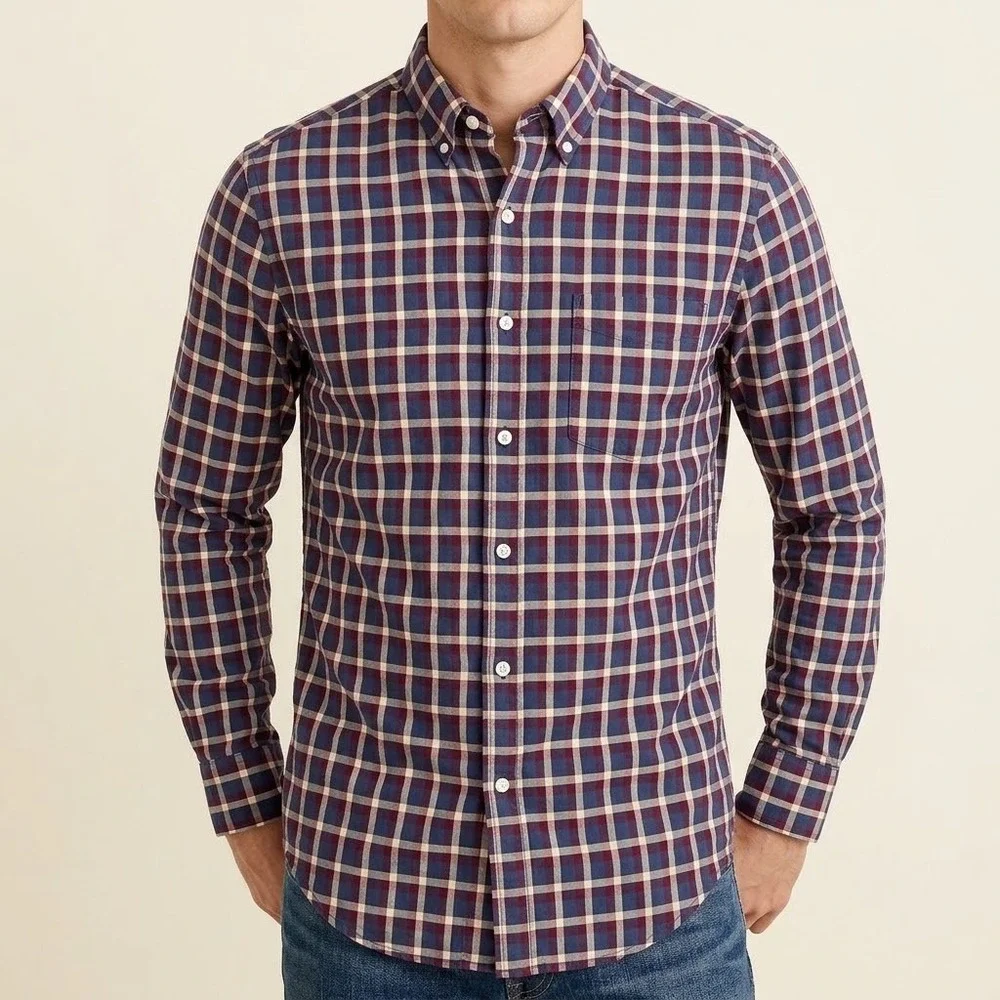 J.Crew Flex Washed Burgundy Plaid Button Up Shirt Mens‎ Medium EUC